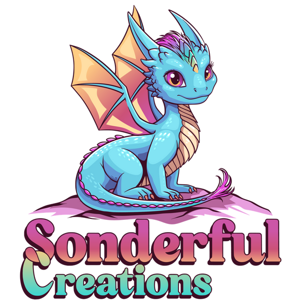 Cartoon dragon with colorful wings and tail on a white background with 'Sonderful Creations' text.